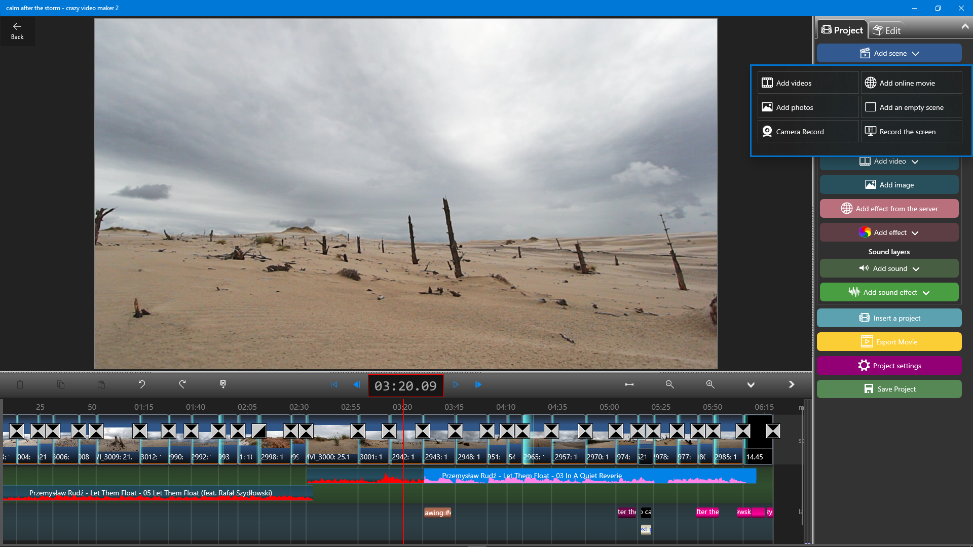 Project panel showing video, photo, audio, and effects options