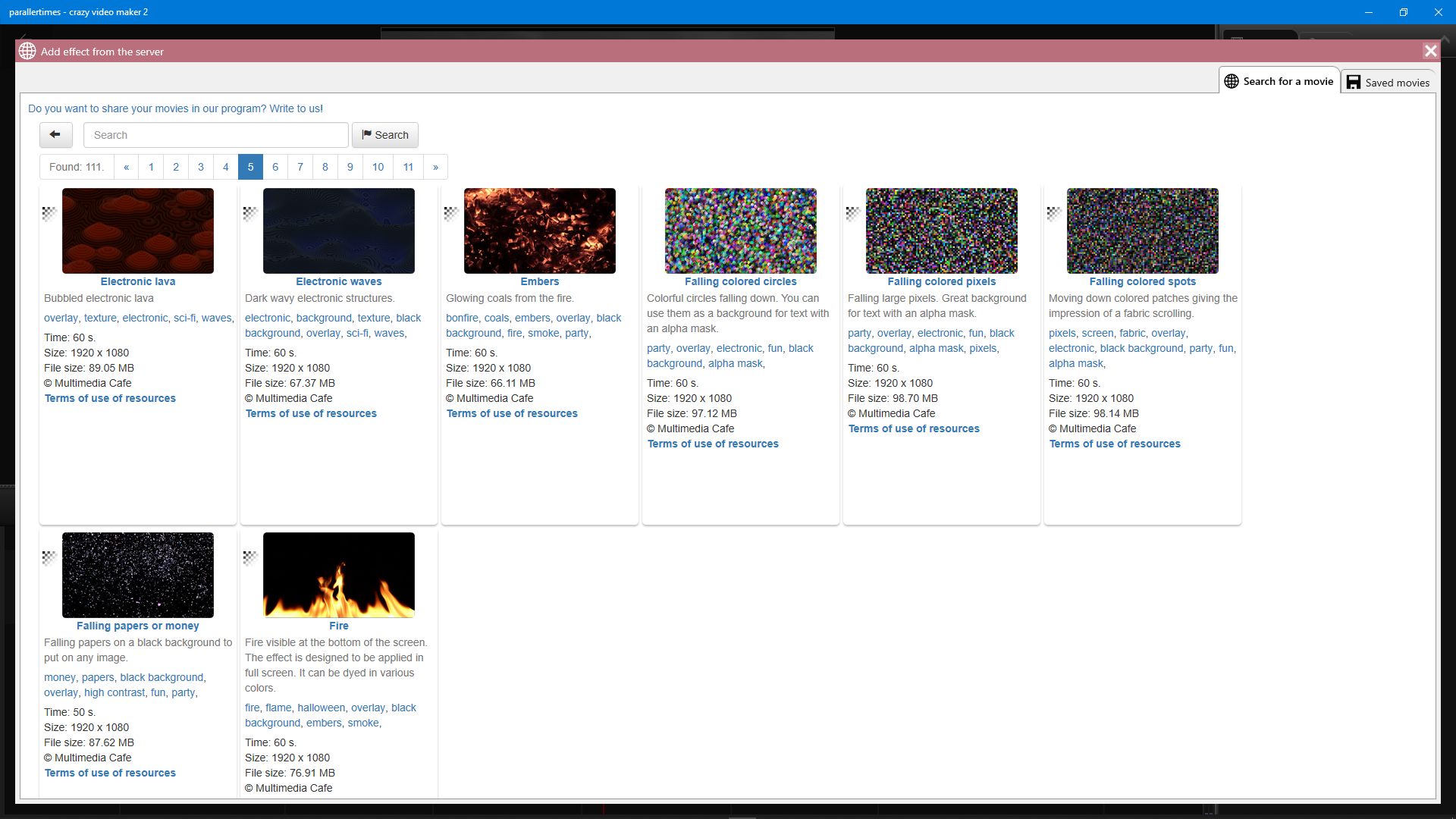 Built-in visual effects library with particles, light leaks, and transitions